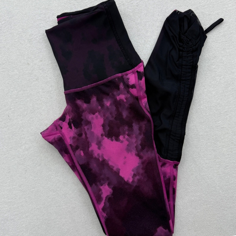 Lululemon Sweaty Endeavor Leggings Size 4 Pink Black Tie Dye Ruched Ankle‎ Mesh
